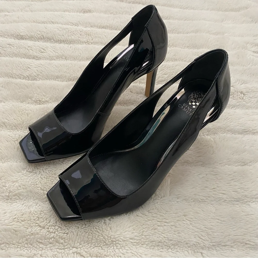 Vince Camuto Black Patent Leather Peep-Toe Heels New Size 8.5
